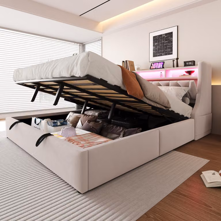 Letto imbottito 180 x 200 cm con spazio contenitore a sollevamento idraulico, poggiatesta reclinabile, presa USB di tipo C, illuminazione LED, vano portaoggetti, rivestito in velluto color beige