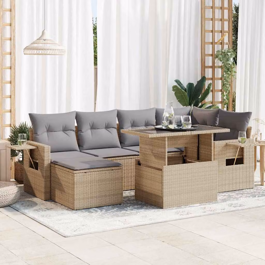 Set di divani da giardino vidaXL 7 pezzi in polyrattan beige con cuscini e tavolino da esterno a forma di L