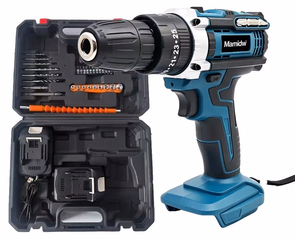 Trapano avvitatore a percussione, funzionamento a batteria, due velocità, kit con 2 batterie, colore blu