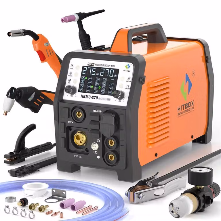 Saldatrice multifunzione - Inverter HBMC270 - 6-in-1 270 A - MMA/MIG con gas/senza gas/TIG ad alta frequenza/taglio al plasma - Display digitale 2T/4T - Dimensioni 51×41×37 cm - Rosso ruggine