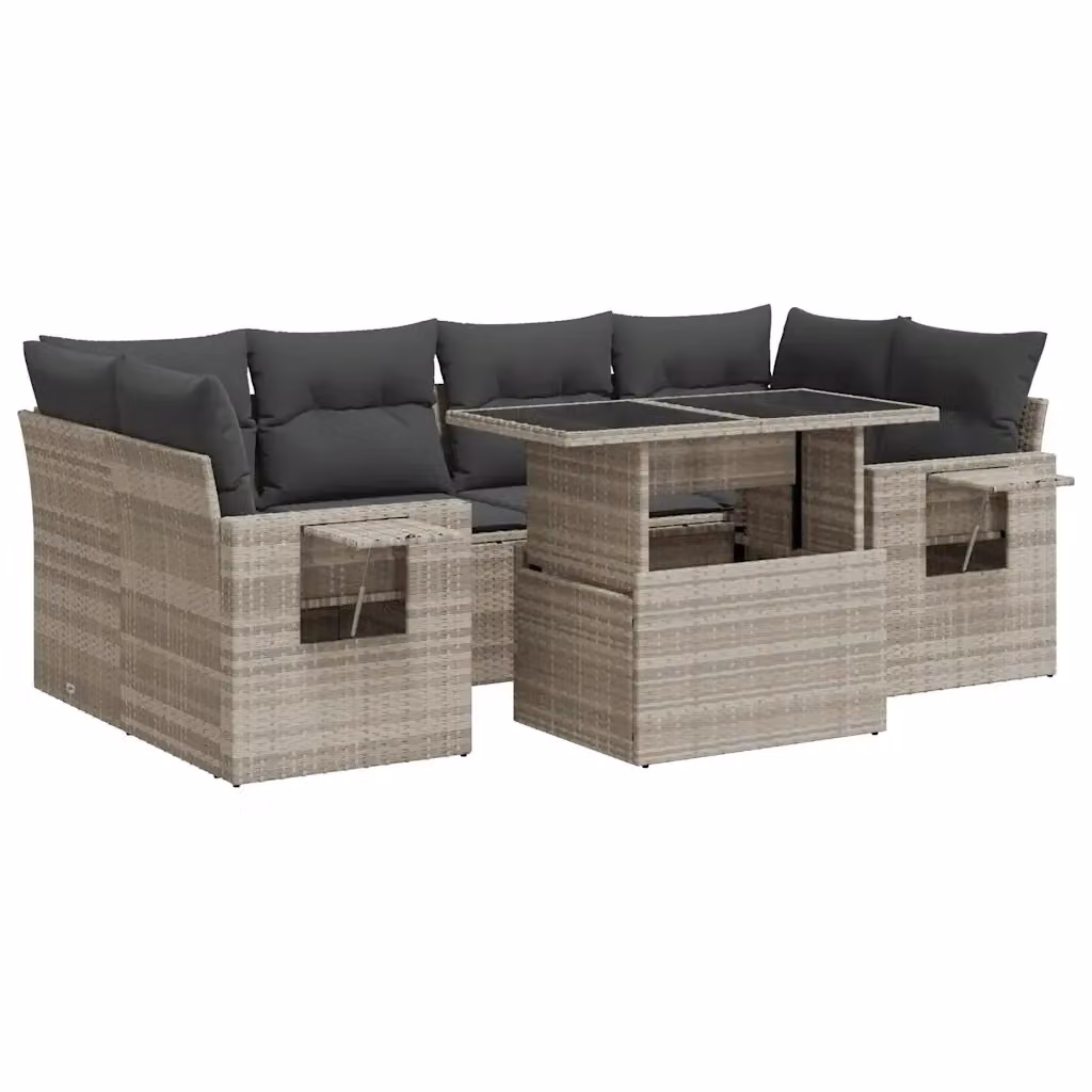 Set da giardino moderno vidaXL composto da 7 pezzi con divani a L, poltrone e tavolino con cuscini grigi in rattan e struttura in metallo – 2