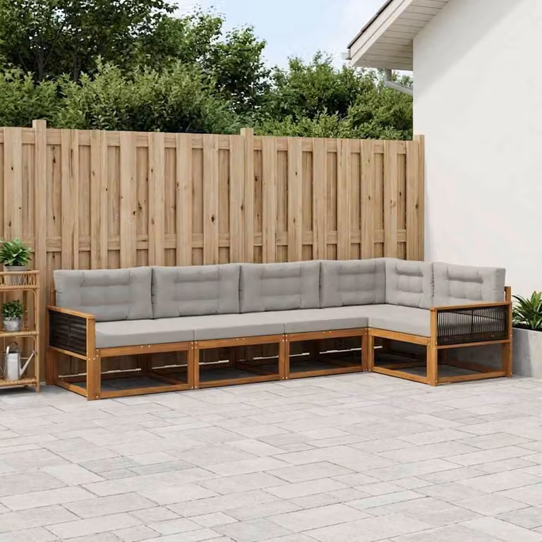 Set di divani da esterno vidaXL a forma di L composto da 6 pezzi in legno di acacia con cuscini in tessuto beige e grigio