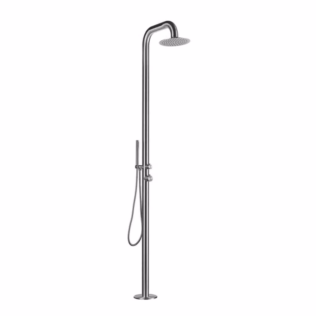 Doccia da esterno MPC per piscina e giardino in acciaio inox 316L color argento con doppia erogazione, soffione da 25 cm e doccino flessibile, resistente a cloro e salsedine MX1008-INOX – 2