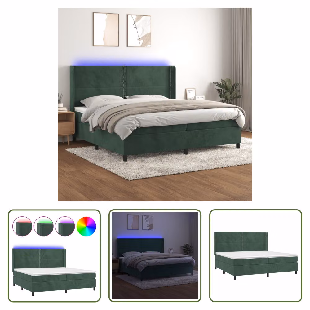 The Living Store Letto a molle con materasso e LED Verde scuro 200x200 cm in velluto