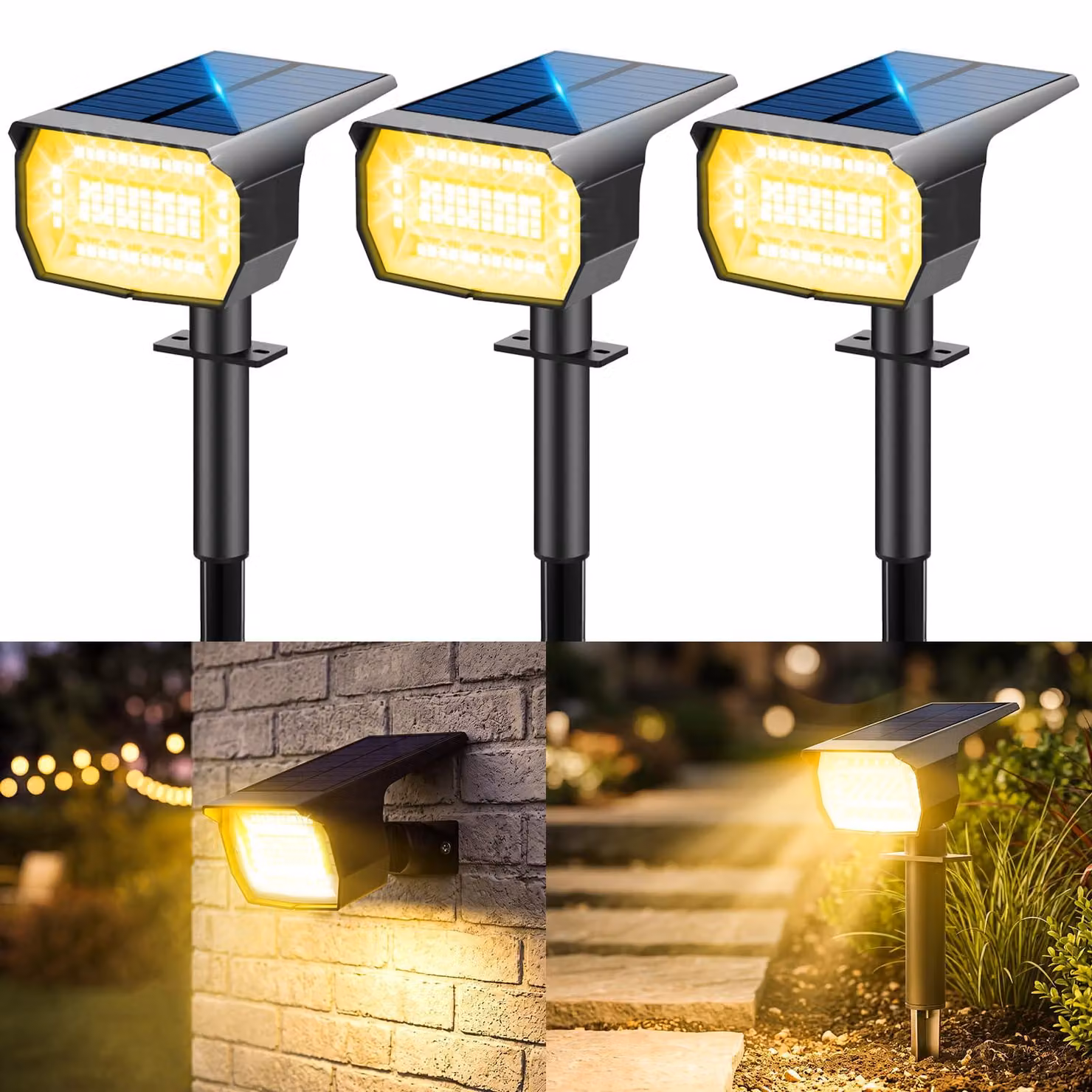 Set di 3 faretti solari, 72 LED, grado di protezione IP67, temperatura di colore 3000K, 2-in-1