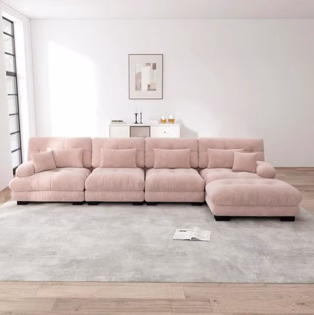 Divano modulare MODFU a L da 4 posti con ottomane mobili e cuscini in tessuto rosa L: 406 cm, P: 145 cm, H: 81 cm