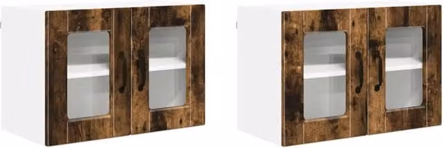 Set di 2 pensili da parete PORTO DESIGN IN in legno Rovere fumè con ante in vetro per cucina e soggiorno L/P/H: 60 x 31 x 40 cm