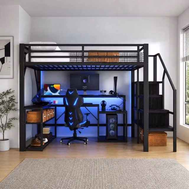 Letto a soppalco MIVRAY nero con scrivania, scale con contenitore, illuminazione LED e porta USB in metallo e MDF, L/P: 140 x 200 cm