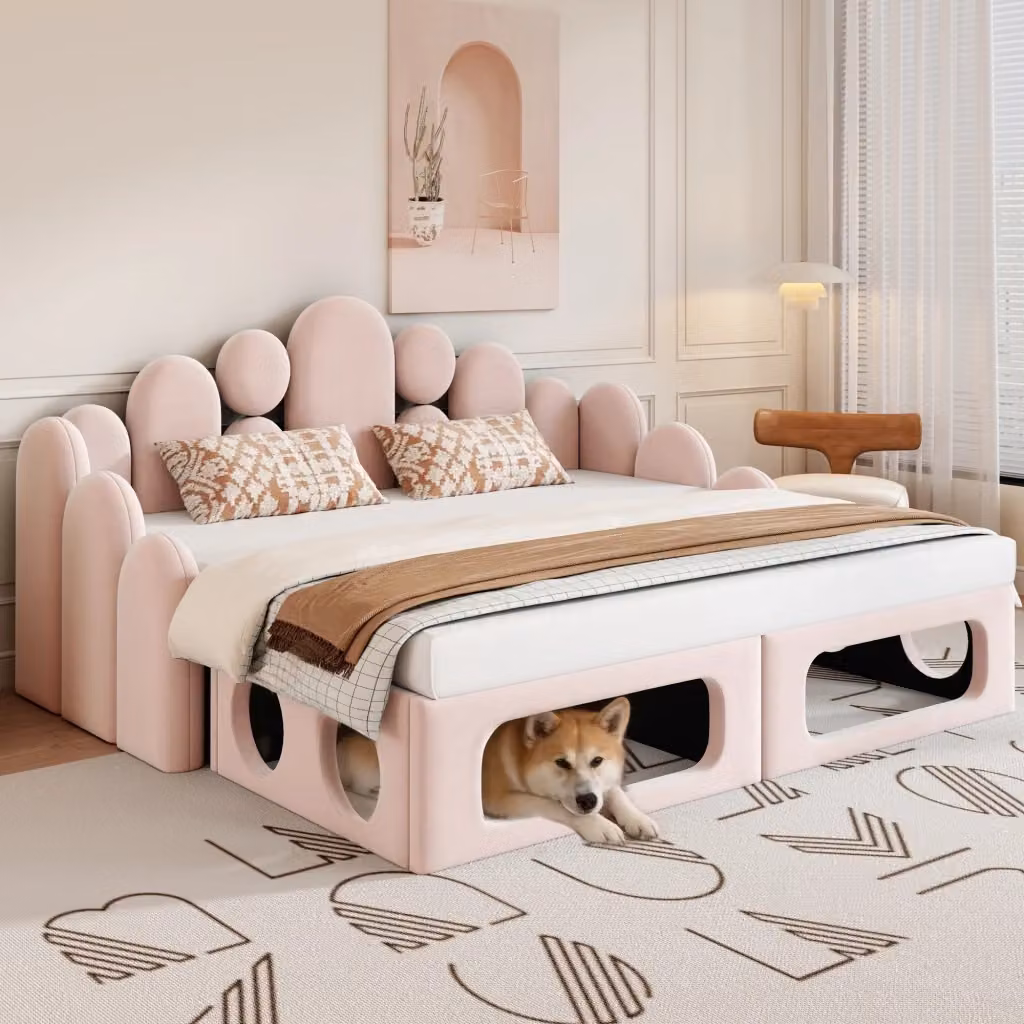 Letto Matrimoniale Moderno con Cuccia Integrata e Compartimenti Laterali in Velluto Rosa L/P: 180 x 200 cm – 2