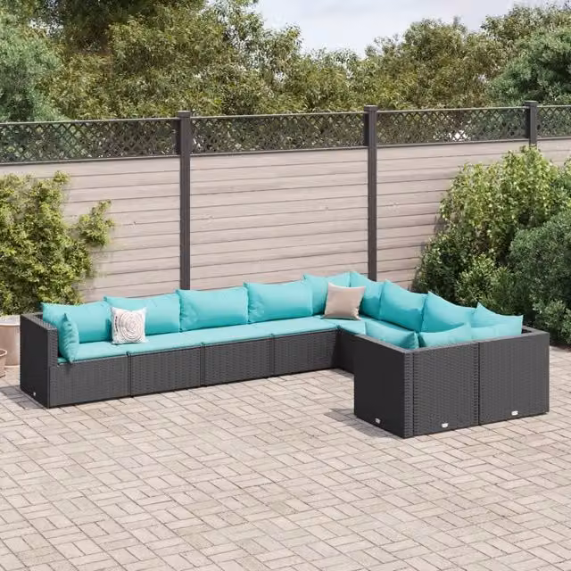 Set Divani da Giardino 9 pz con Cuscini Nero in Polyrattan 3308316