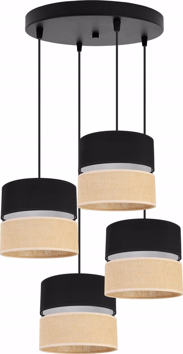 Light-Home Juta lampada a sospensione - Metallo con paralume in tessuto - E27 - OV 4 lampadine 20 cm - Base e juta nere e nero