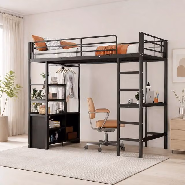 Letto a soppalco 90x200 cm in metallo e MDF nero con scrivania; prese USB e ripiani