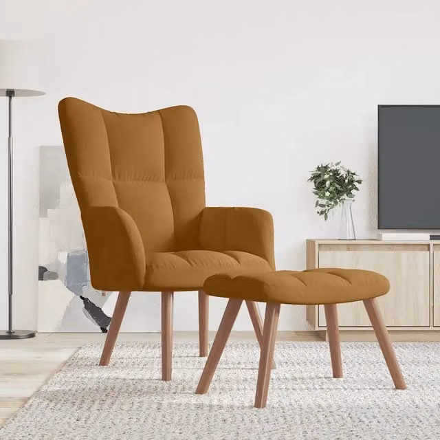 Poltrona Relax con Poggiapiedi MERCATOXL in Velluto Marrone con Struttura Rinforzata e Imbottitura in Schiuma – 1