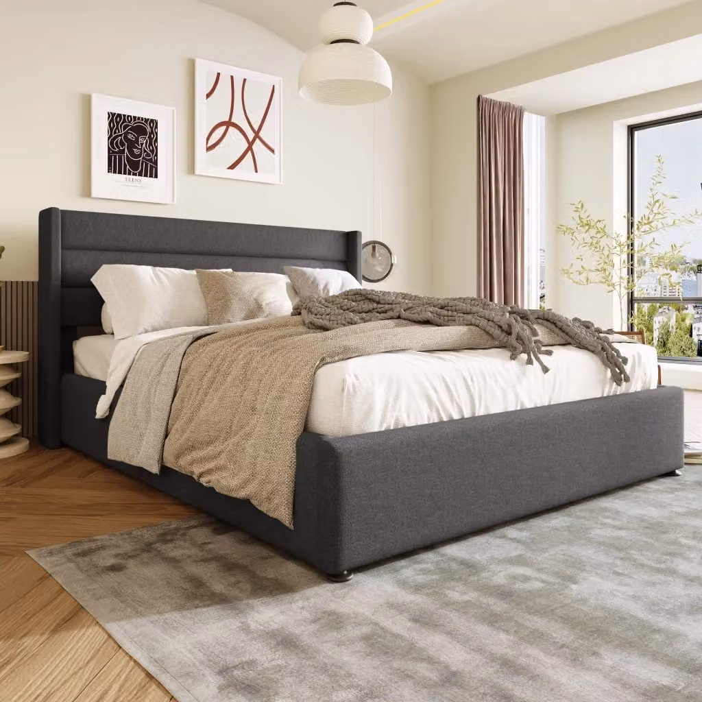 Letto contenitore matrimoniale moderno in tessuto grigio con rete sollevabile e testiera imbottita L/P/H: 140 x 200 x 153,5 cm – 2