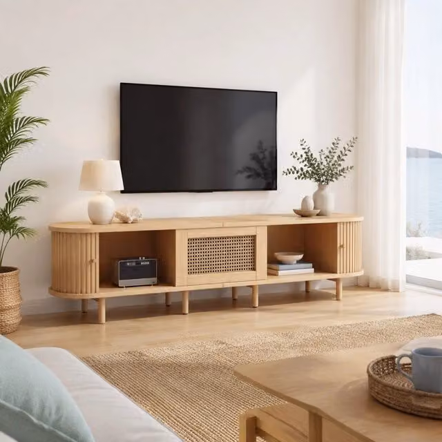 Mobile TV in MDF con design ovale, 180x40x40 cm, con ante scorrevoli e cassetto effetto rattan, colore legno chiaro