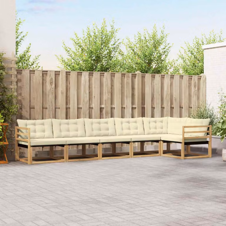 Set di divani da esterno vidaXL a forma di L composto da 6 pezzi in legno di acacia con cuscini in tessuto bianco e beige