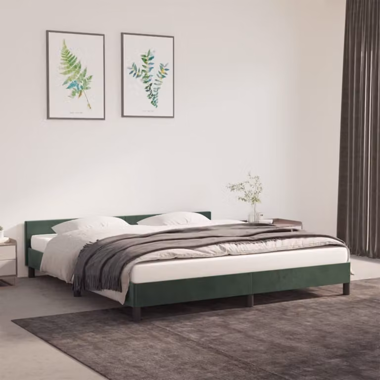 The Living Store Struttura letto con testiera in velluto verde scuro 160x200 cm
