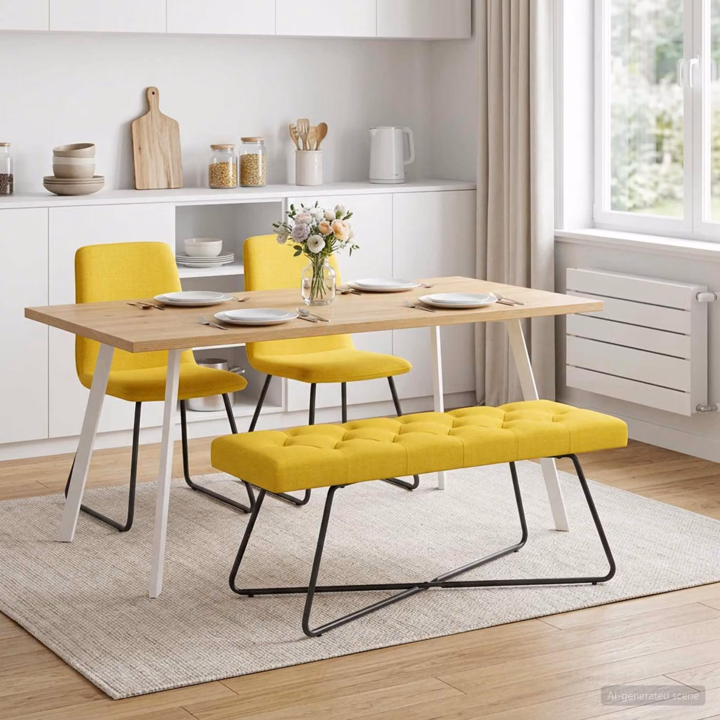 Panchina moderna vidaXL con bottoni imbottiti in tessuto Giallo, L 110 x P 40 x H 46 cm