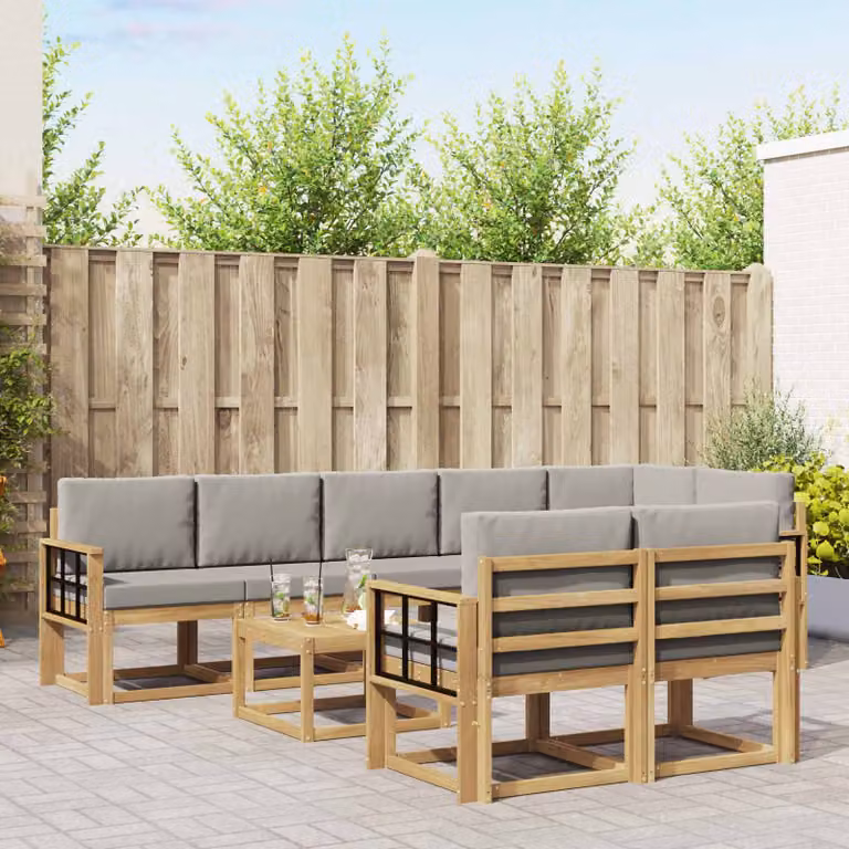 vidaXL Set di divani da esterno a L in legno di acacia con cuscini, Bianco, Grigio e Marrone