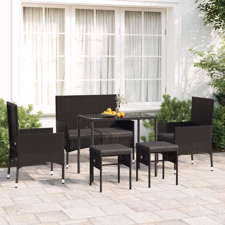 The Living Store Set da giardino da 6 pezzi con cuscini in poly rattan nero