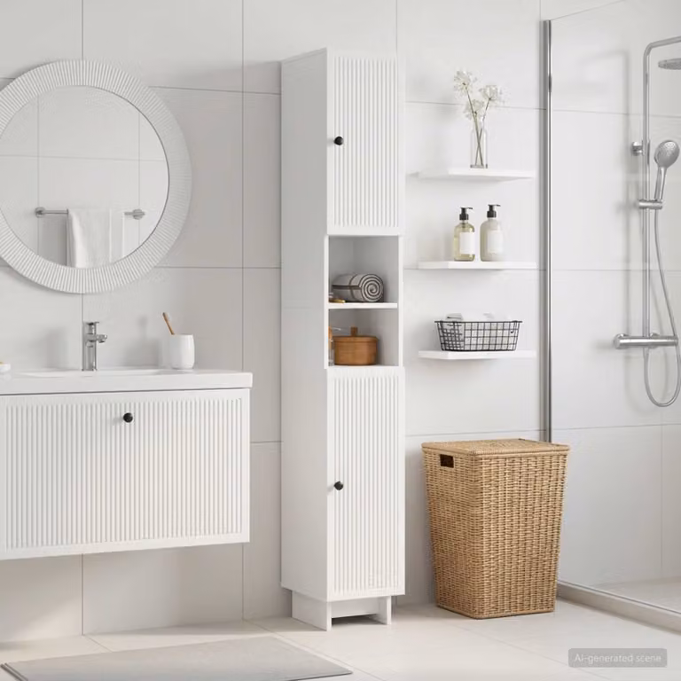 Armadio da Bagno Moderno vidaXL Bianco Lucido con Ripiano Aperto e Ante a Battente