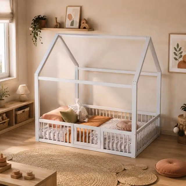 Letto a casetta 140x200 cm bianco con barriere, senza materasso