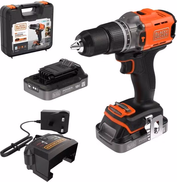 Trapano avvitatore a percussione a batteria Black+Decker 18V arancione con 2 batterie ricaricabili da 2.0Ah – 1