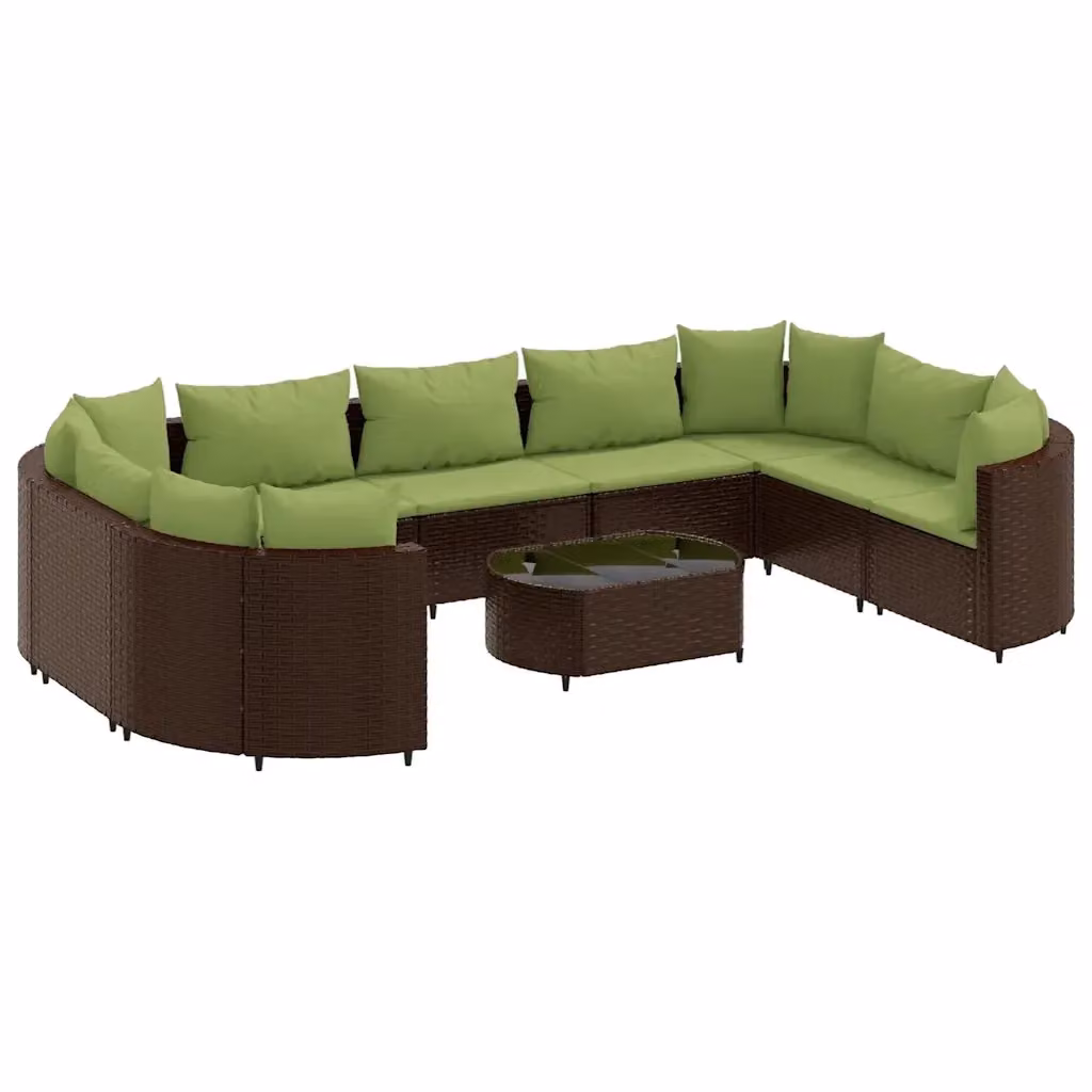 Set da giardino vidaXL a forma di U composto da 10 pezzi con cuscini e tavolino da caffè in rattan marrone e verde con struttura in metallo e vetro – 2