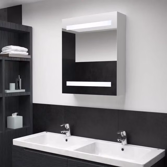 Armadietto da bagno Design Mania con specchio e illuminazione LED, bianco e argento, L 50 cm x P 13,5 cm x H 60 cm