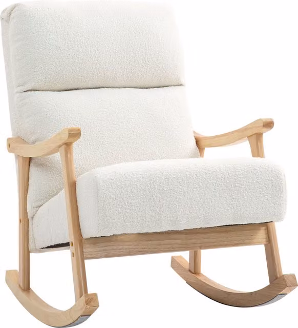 Sedia a dondolo HOMCOM in velluto bouclé beige con schienale ergonomico, braccioli e gambe in legno di caucciù
