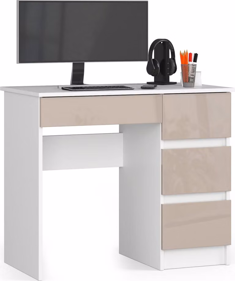 BDW scrivania da ufficio con 4 cassetti, scrivania da gioco, bianco / capuccino destro lucido