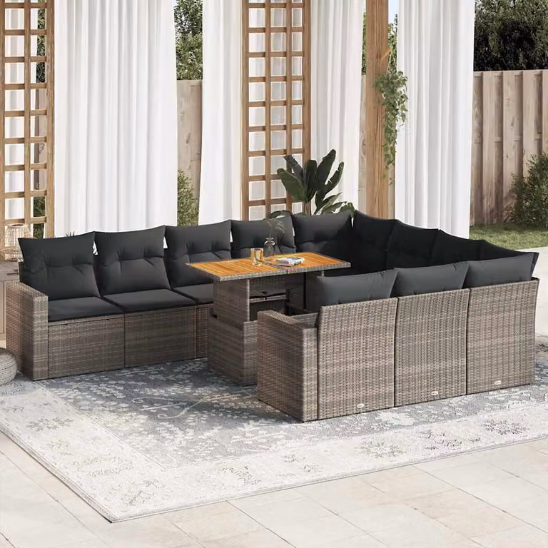 vidaXL Set Divani da Giardino a L 11 pz in Polyrattan e Legno di Acacia Grigio con Cuscini e Tavolino