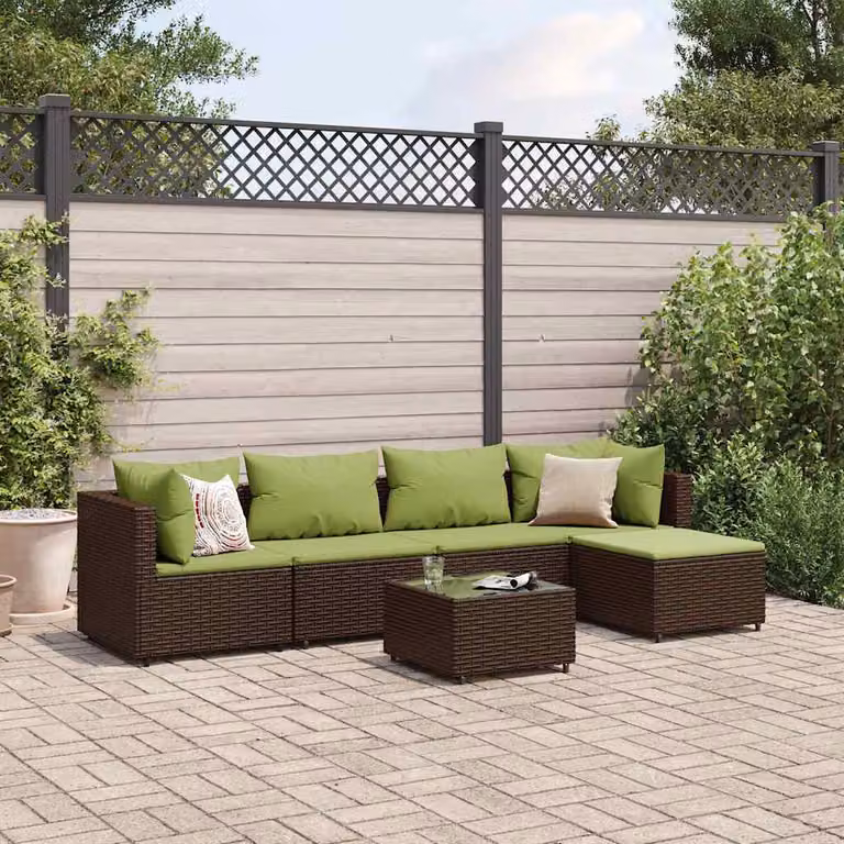 Set di mobili da giardino vidaXL 6 pezzi in rattan con cuscini e tavolino da caffè, design moderno a L con struttura in acciaio e colore marrone e verde