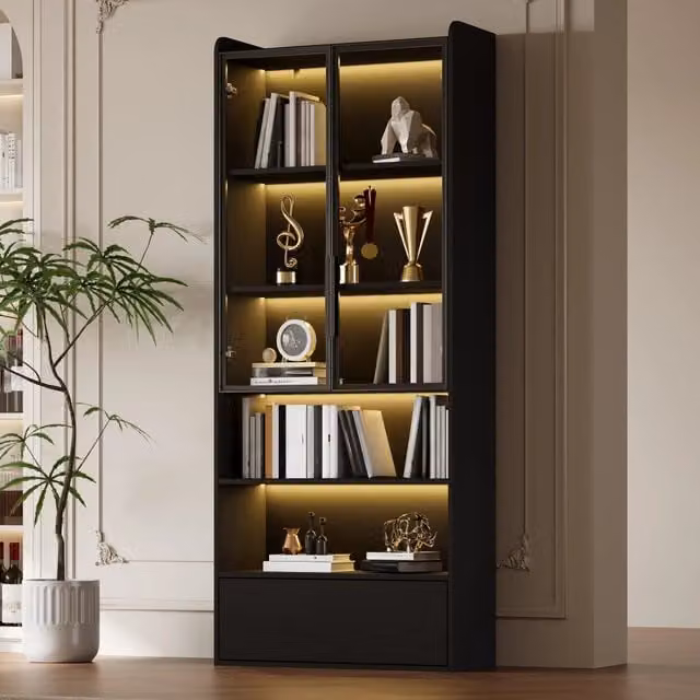 Vetrina alta con LED, 1 cassetto e 6 vani, ante in vetro, in MDF, per soggiorno, nero, 80 × 34 × 180 cm