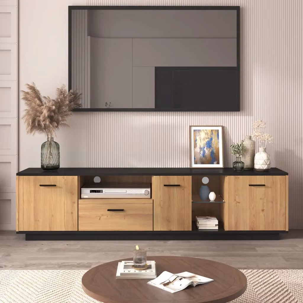 Mobile porta TV OKWISH moderno in MDF nero e legno con illuminazione LED integrata, 3 ante, 1 cassetto e 2 vani aperti, L: 180 cm, P: 37 cm, H: 45 cm – 2