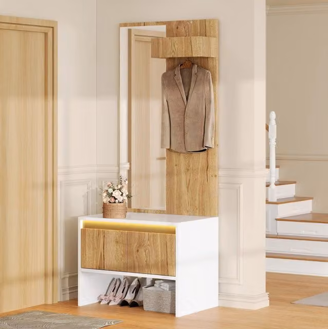 Mobile ingresso MODFU con appendiabiti, specchio, panca porta scarpe e 2 cassetti, bianco e naturale, L: 60 cm, P: 38 cm, H: 145 cm