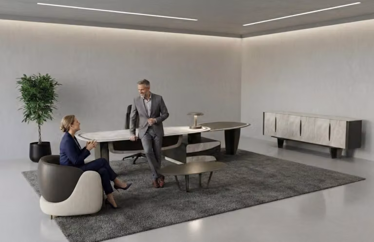 Set di arredo ufficio scrivania, mobile contenitore, tavolino, poltrona, design