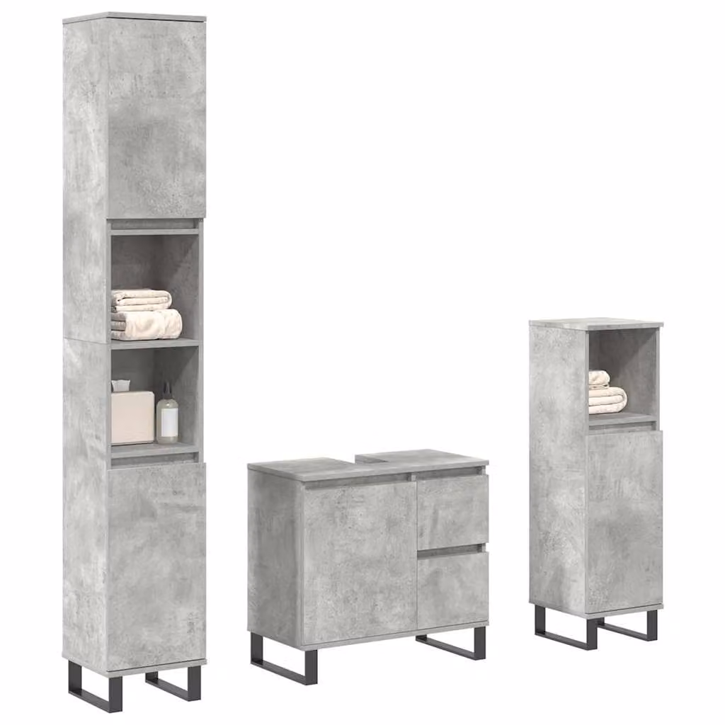 Set di mobili da bagno vidaXL 3 pezzi in legno e metallo grigio cemento con mobile lavabo, colonna alta e mobile laterale