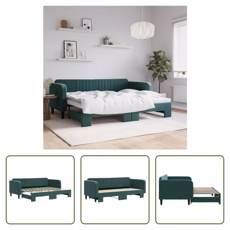 The Living Store Letto da giorno allungabile Verde scuro 90x200 cm in velluto