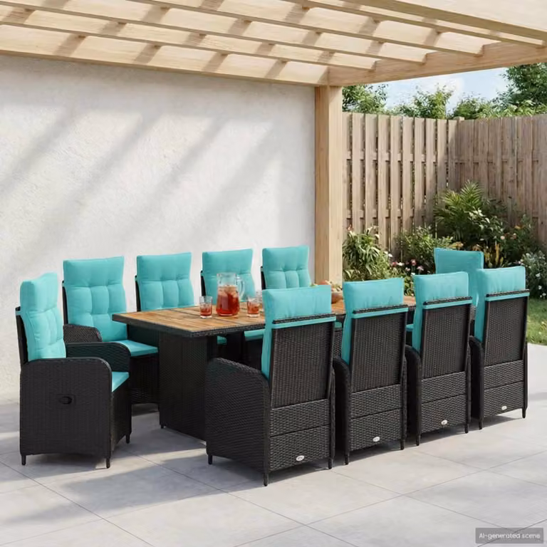Set da pranzo per esterni vidaXL in polyrattan da 11 pezzi, colore nero e turchese con tavolo in legno di acacia