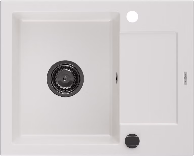 Mexen Enzo lavello in granito 1-vasca con scolapiatti 576 x 465 mm, bianco, sifone nero - 6506571005-20-B