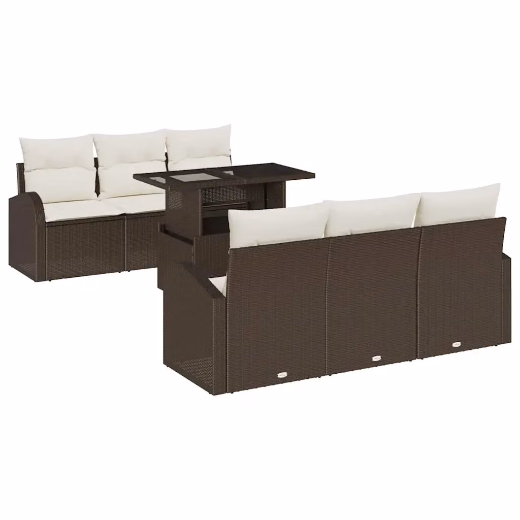 vidaXL Set Divano da Giardino 7 Pezzi in Poly Rattan Marrone con Cuscini e Tavolino in Vetro – 2