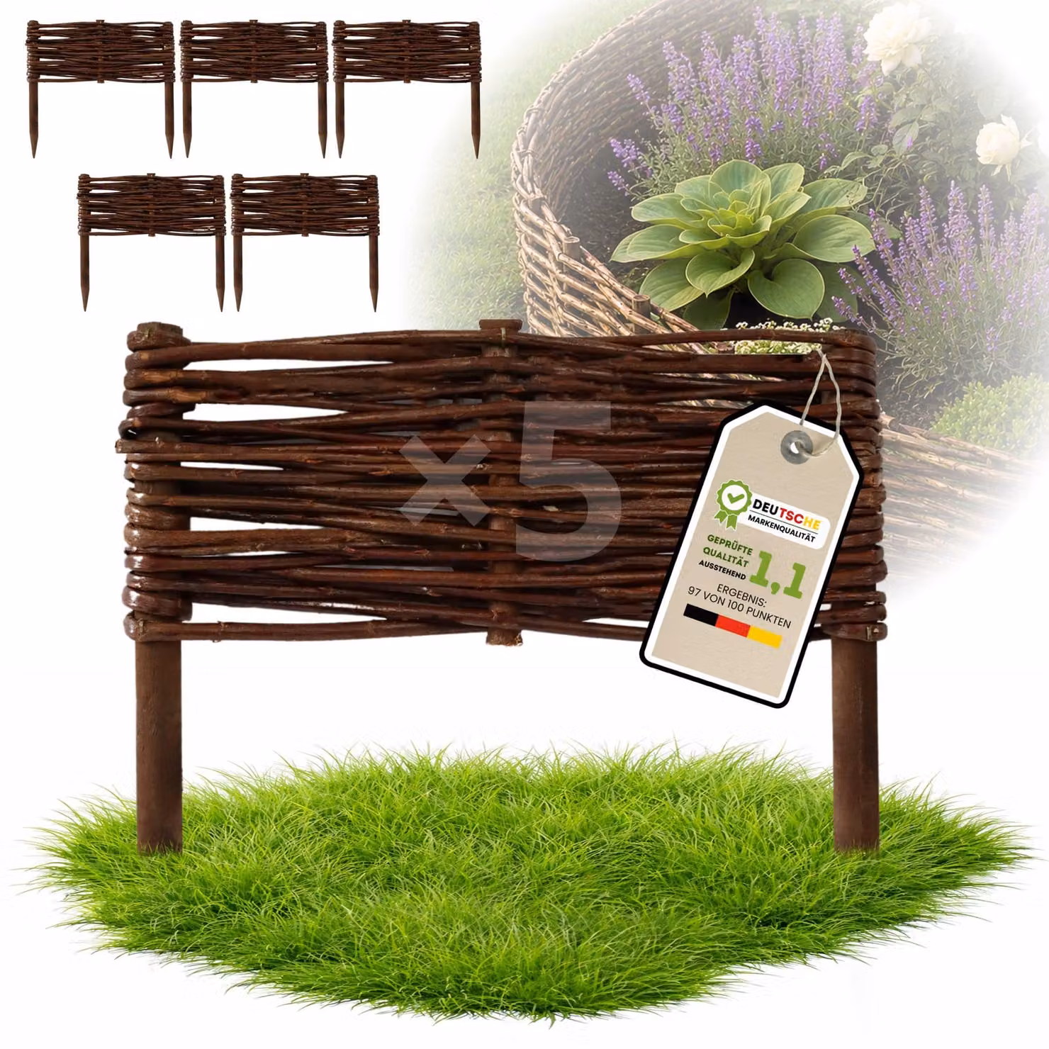 Floranica 5 pezzi Recinzione in vimini 10 cm x 30 cm – Staccionata da giardino intrecciata Palizzata Recinzione naturale Bordo aiuola