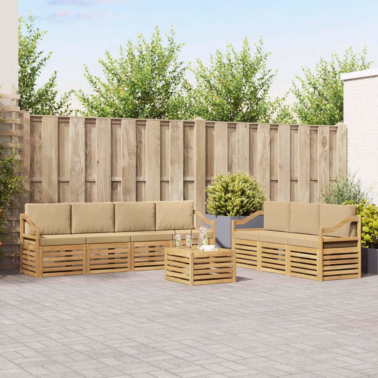 Set divani da giardino vidaXL a forma di U in legno di acacia con cuscini beige, 8 pezzi