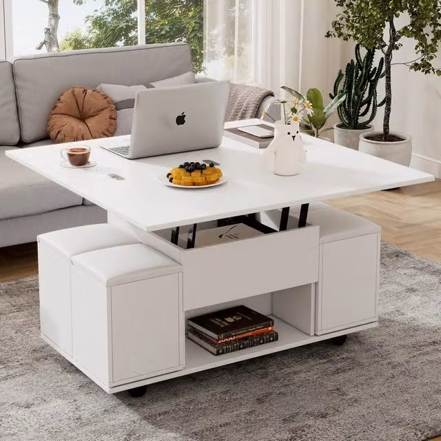 Tavolino Sollevabile Multifunzionale ¨C MINIMAL ¨C Bianco, Piano Allungabile, Legno, Moderno
