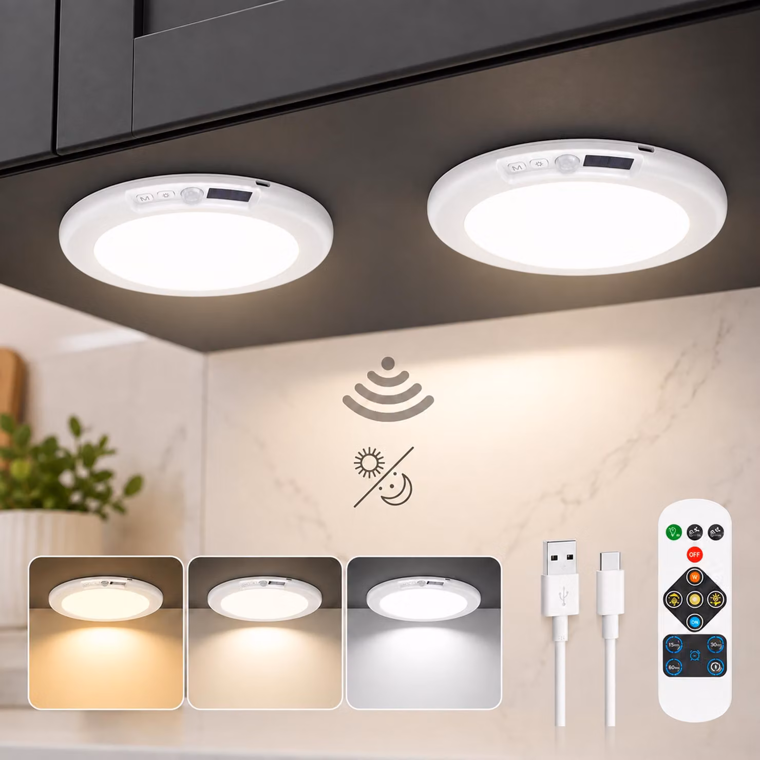 2 sensori di movimento con lampada a batteria, 4200mAh, luce a sensore da soffitto, lampada da interno, 3 modalità, ideale per cantine, corridoi, garage, scale, balconi, armadi. Lampada LED a batteria, 19 cm