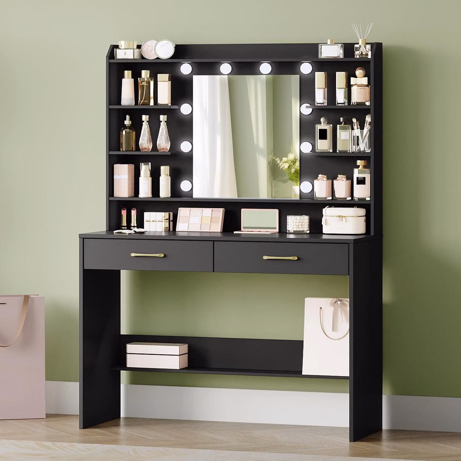 Comò da trucco con specchio, ripiani, 2 cassetti, illuminazione a LED, colore nero, dimensioni 40 x 100 x 149 cm