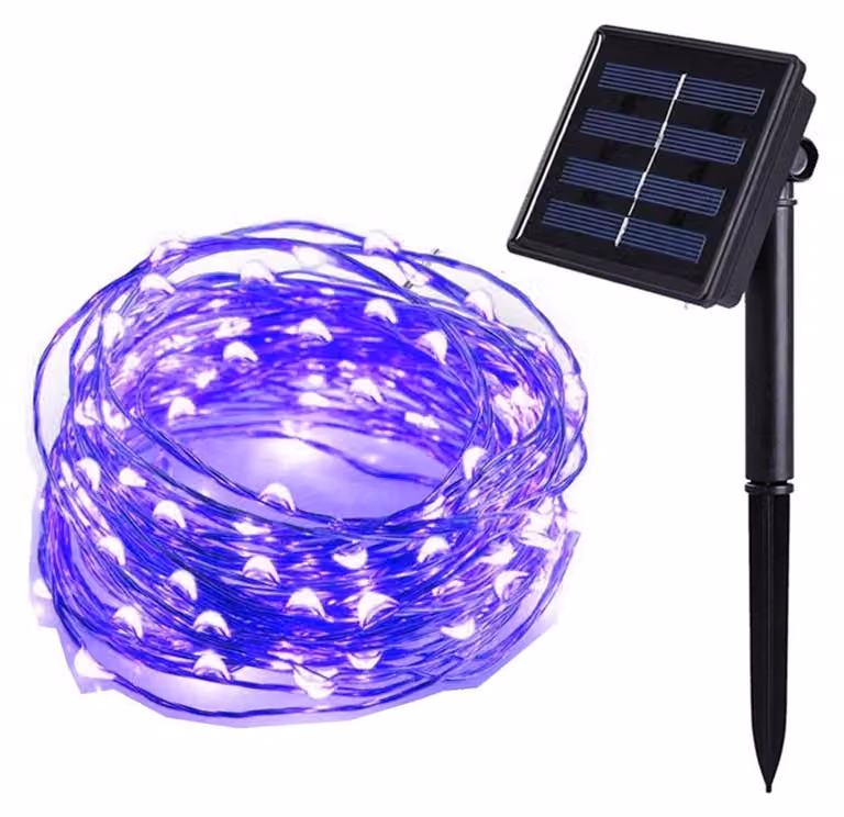 Catena luminosa solare con 200 LED, lunghezza 22 metri, 8 modalità, impermeabile, colore viola