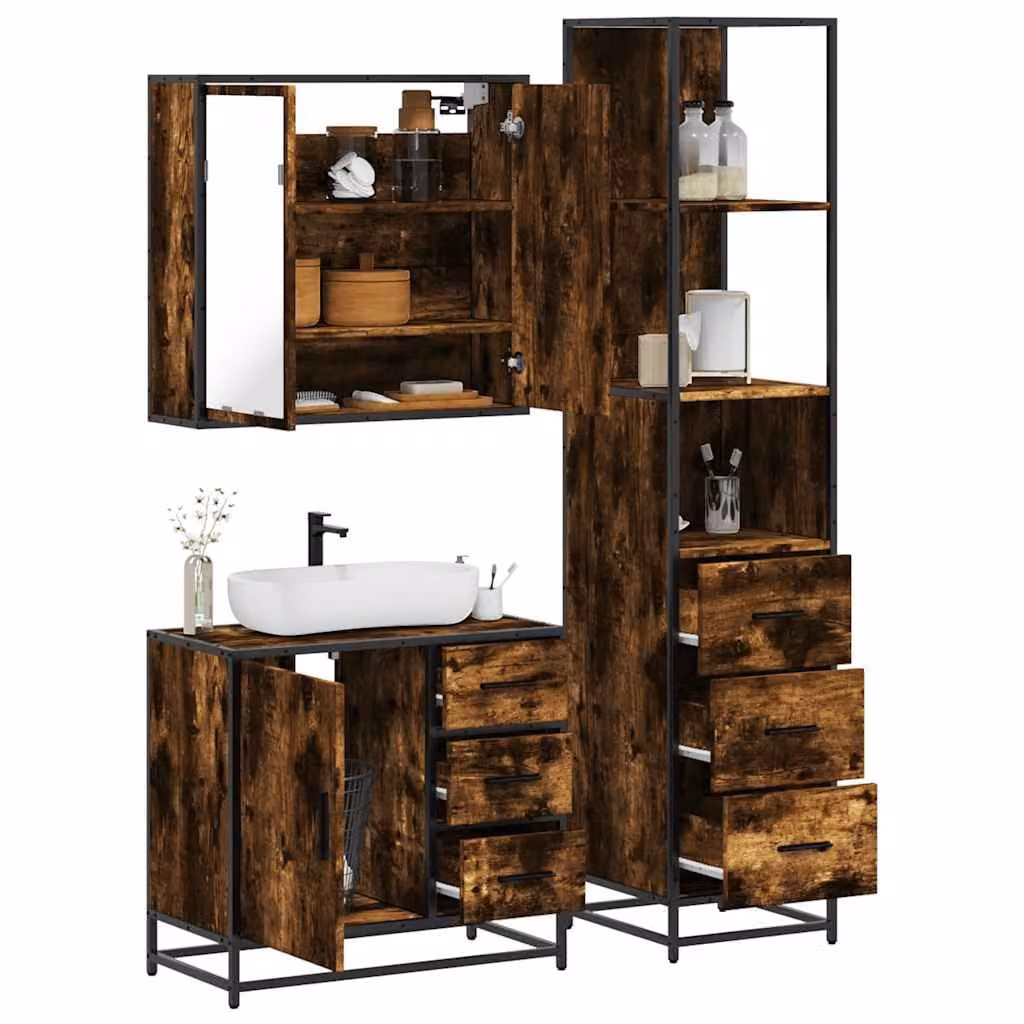 Set Mobili da Bagno Industrial vidaXL in Legno e Metallo, Colore Marrone, 3 Pezzi con Mobile Lavabo, Armadietto con Specchio e Colonna Alta