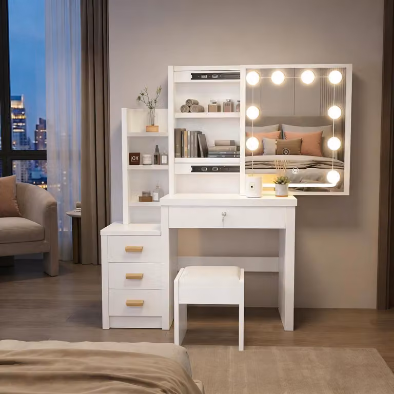 Comò da trucco con sgabello e 10 luci LED, 4 cassetti, bianco, 80x36x135 cm